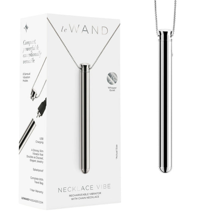 Make a sexy fashion statement with the new Le Wand Necklace Vibe and enjoy orgasms anytime, anywhere! A powerful, slim vibrator that doubles as understated, elegant jewelry. With 8 vibration modes and ultra-quiet motor, it can meet your needs anytime, anywhere. features a 26" nickel-free stainless steel chain with an optional 4" extender, and comes with a USB charger and microsuede travel pouch for on-the-go or necklace charm. Silver