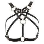 This harness is made from high-quality black leather and features multiple crisscross patterns in the front, and adorned with two O-rings down the sternum and one O-ring on each shoulder, as well as one on either side of the ribcage.