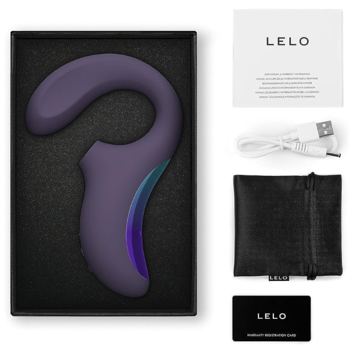 ENIGMA Wave comes with a manual, Lelo water based lube 5ml sachet, charging cord, satin storage pouch and Lelo warrnty card.