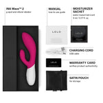Cerise INA WAVE 2 comes with a manual, Lelo water based lube 5ml sachet, charging cord, satin storage pouch and Lelo warranty card.