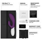 Purple INA WAVE 2 comes with a manual, Lelo water based lube 5ml sachet, charging cord, satin storage pouch and Lelo warranty card.