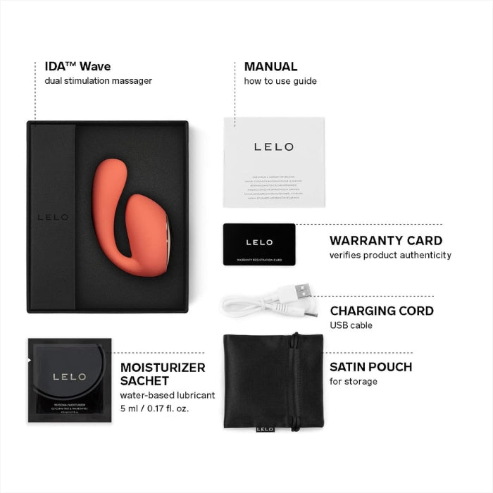 IDA Wave includes a manual, Lelo warranty card, Charging cord, Satin storage pouch and 5ml Lelo water based lube sachet.