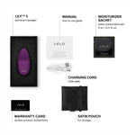 the LILY 3 mini vibrator comes with a manual, Lelo water based lube 5ml sachet, charging cord, satin storage pouch and Lelo warranty card.
