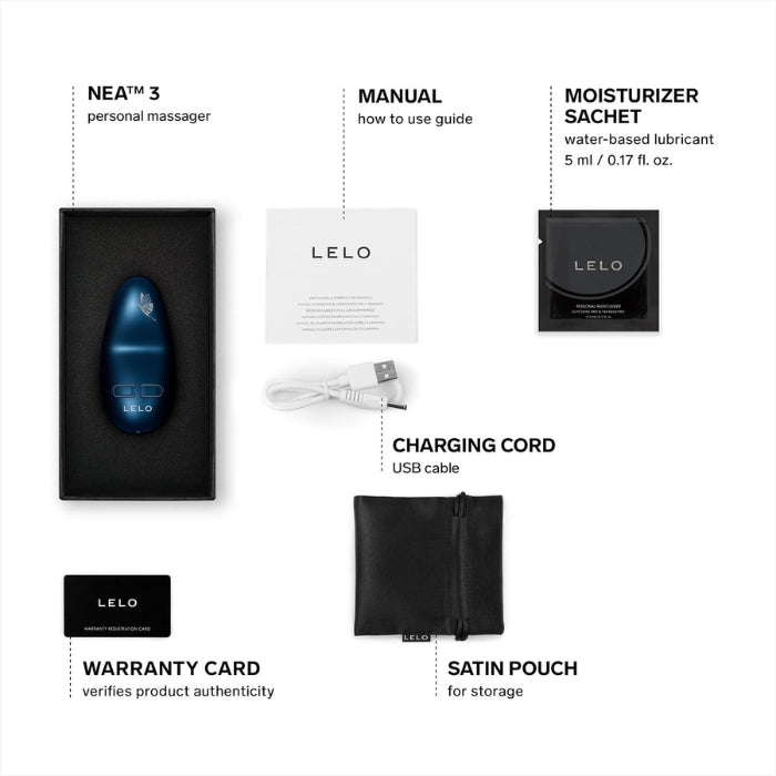 Nea 3 comes with a manual, Lelo water based lube 5ml sachet, charging cord, satin storage pouch and Lelo warranty card.