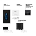 Nea 3 comes with a manual, Lelo water based lube 5ml sachet, charging cord, satin storage pouch and Lelo warranty card.