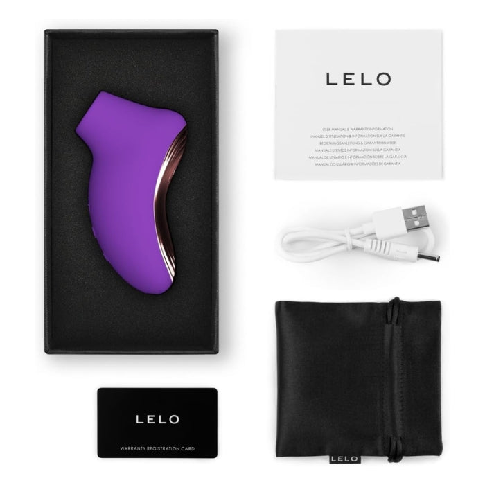 SONA™ 2 Travel comes with a manual, Lelo water based lube 5ml sachet, charging cord, satin storage pouch and lelo warranty card.