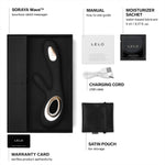 Lelo Soraya Wave vibrator comes with a manual. 5ml Lelo water based lube sachet, charging cord, satin storage pouch and warranty card.