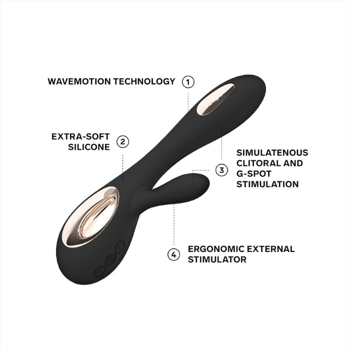 Lelo Soraya Wave vibrator is powered by wavemotion technology, made of extra soft medical grade silicone, simultaneous the clitoral and G-spot stimulation with an ergonomic external stimulator.
