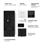 TIANI™ DUO comes with a manual, water based lube 5ml sachet, charging cord, satin storage pouch and Lelo warranty card.