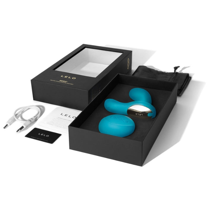 Lelo Hugo prostate massager comes with a manual, charging cord, satin storage pouch and Lelo warranty card. Colour black