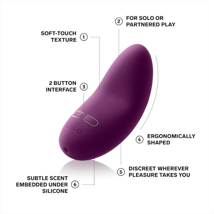 Lelo Lily 2 is perfect for solo or partnered play, has a 2 button interface. Ergonomically shaped with soft-touch texture. Discreet wherever pleasure takes you. Has a subtle scent of Bordeaux & Chocolate under the silicone.