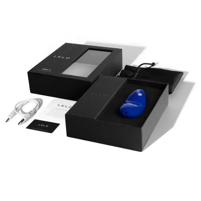 Midnight Blue Lelo Nea 2 comes with a manual, charging cord, satin storage pouch and Lelo warranty card.