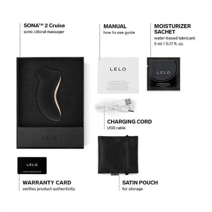 Black Sona 2 Cruise comes with a manual, Lelo water based lube 5ml sachet, charging cord, satin storage pouch and Lelo warranty card.