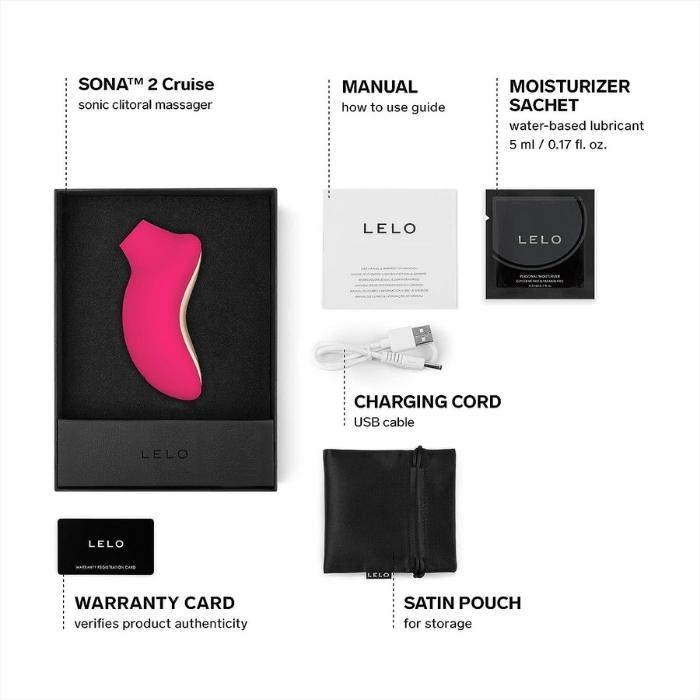Cerise Pink Sona 2 Cruise comes with a manual, Lelo water based lube 5ml sachet, charging cord, satin storage pouch and Lelo warranty card.