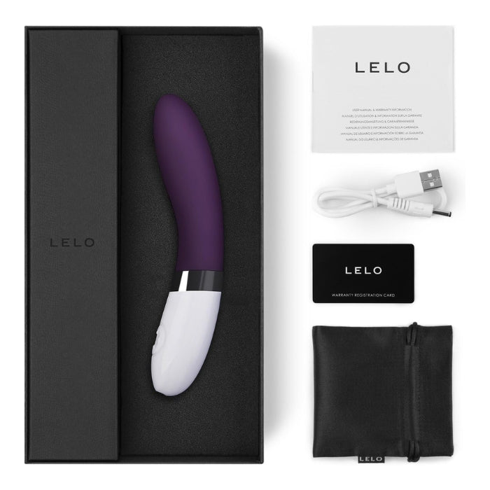 Lelo Liv 2 comes with a manual, water based lube 5ml sachet, charging cord, satin storage pouch and Lelo warranty card.