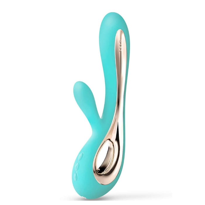 Aqua Lelo Soraya 2 vibrator,  luxury and good looks at its best, with a beautiful silver inlay. The 8 stimulating modes to enjoy the intense pleasure of both inside (G-spot) & outside (clitoral) stimulation for the woman who wants it all and refuses to compromise. Beauty and brawn for complete satisfaction. Medical Grade Silicone. 100% waterproof. USB Rechargeable.