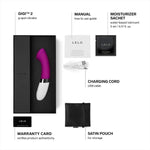 Deep Rose Lelo Gigi 2 comes with a manual, Lelo water based lube 5ml sachet, charging cord, satin storage pouch and Lelo warranty card.