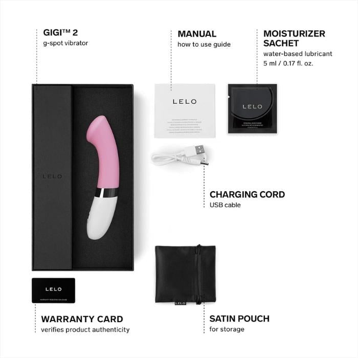 Pink Lelo Gigi 2 comes with a manual, Lelo water based lube 5ml sachet, charging cord, satin storage pouch and Lelo warranty card.