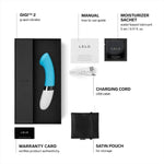 Turquoise Lelo Gigi 2 comes with a manual, Lelo water based lube 5ml sachet, charging cord, satin storage pouch and Lelo warranty card.