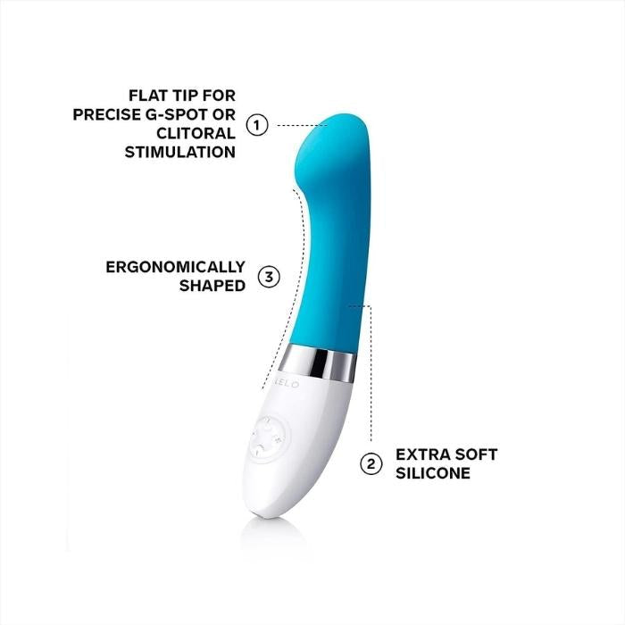 Turquoise Gigi 2 has a flat tip for precise G-spot or clitoral stimulation. Ergonomically shaped and made of extra soft body safe silicone.