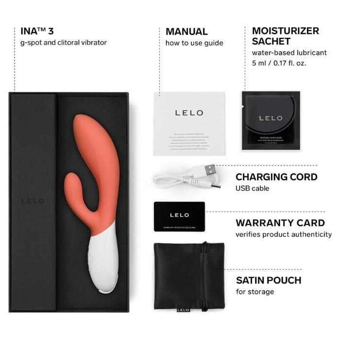 Coral Lelo's INA 3 comes with a manual, Lelo water based lube 5ml sachet, charging cord, satin storage pouch and Lelo warranty card.