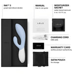 Coral Lelo's INA 3 comes with a manual, Lelo water based lube 5ml sachet, charging cord, satin storage pouch and Lelo warranty card.