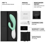 Seaweed Lelo's INA 3 comes with a manual, Lelo water based lube 5ml sachet, charging cord, satin storage pouch and Lelo warranty card.