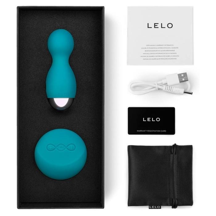 Ocean Blue Hulu Beads 3 comes with a manual, charging cable, satin storage pouch and Lelo warranty card.