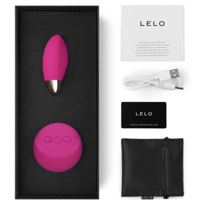Cerise Lyla 2 comes with a manual, charging cord, satin storage pouch and Lelo warranty card.