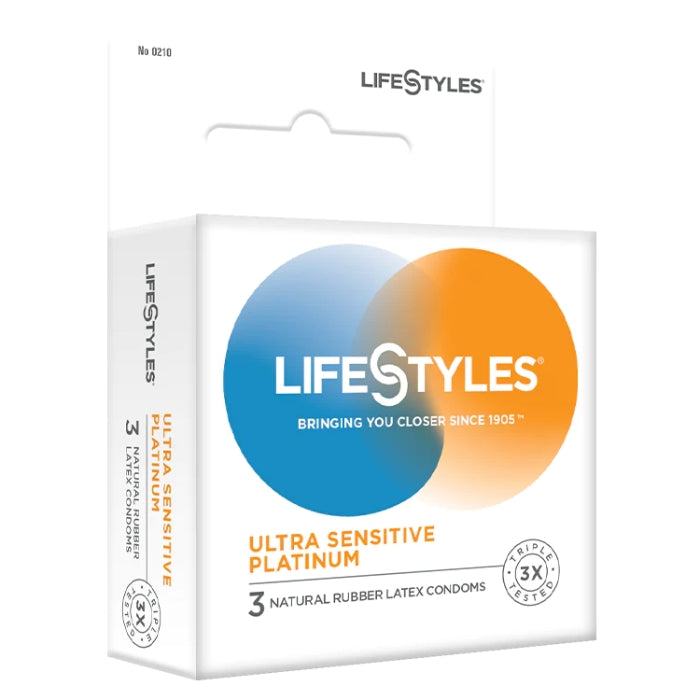Lifestyles Ultra Sensitive Platinum Latex Condoms 3 Pack, Condoms are 52% thinner than a standard condoms. Almost like wearing nothing at all.