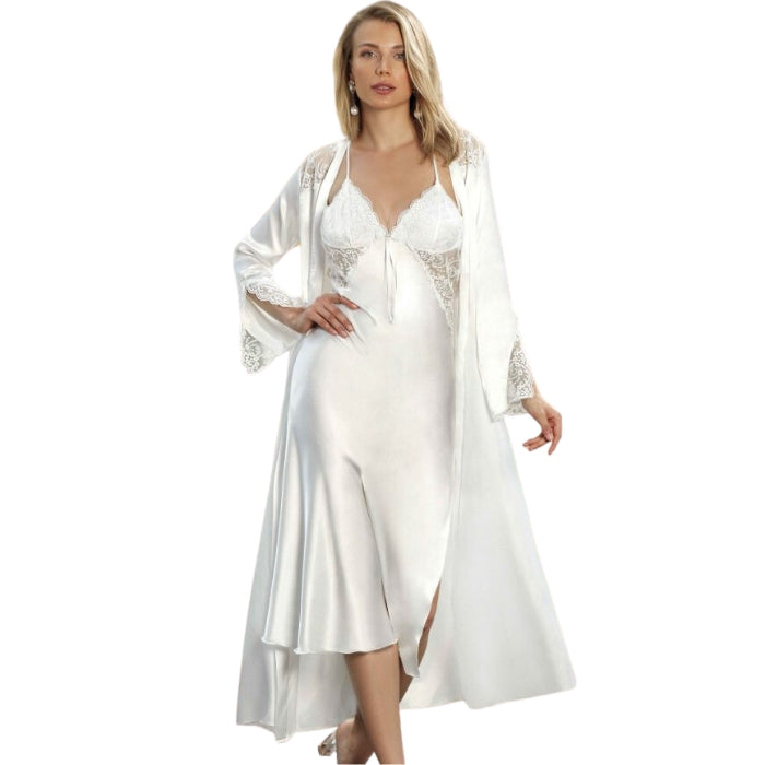 The mid-calf length nighty is made from beautiful satin, adorned with delicate lace over the breasts and ribs, adding a touch of allure. The back features crossed adjustable sleeves and an open back with lace over the lower back. The matching gown is long, made from satin, and features 1/4 lace sleeves, adding a hint of romance and femininity.