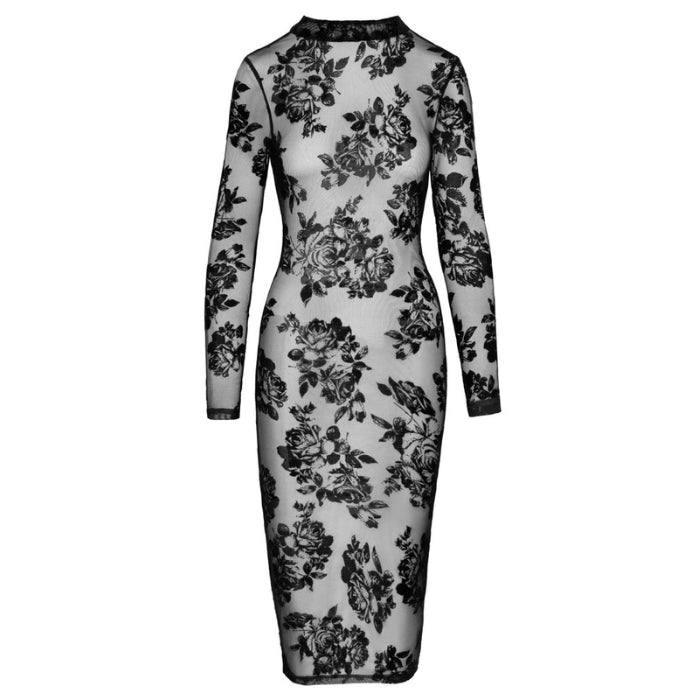Long-sleeved dress from Noir made entirely of fine stretch tulle with a velvet flock print in a sophisticated floral design. Soft and elastic all around for an optimal fit and high wearing comfort. In an excitingly tight cut and in a knee-length length with a slit at the back. The stand-up collar is closed with a small button at the neck above the large oval back cutout. Size Medium & Large.