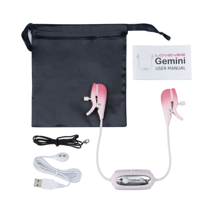 What's included - (1) Bluetooth® Vibrating Nipple Clamps, (1) USB Charging Cable, (1) User Manual, (1) Storage Bag, (1) Optional Bra Clip, (1) Optional Necklace