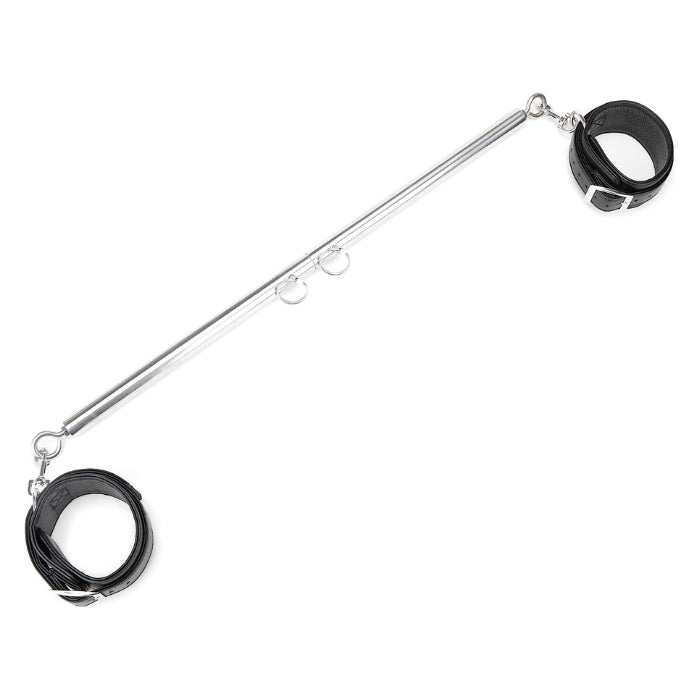 The bar adjusts between 60.9 - 91.4cm in length to fit any one. This discreet couples accessory breaks down into three pieces to make it quick and easy to store and pack up for a seductive vacation. The detachable leatherette cuffs feature quick-release clips and strong D-rings for a sturdy restraint. They can also be used separately from the Spreader Bar. The bar has rotatable O-rings that provide total flexibility.