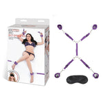Purple Spreader set contains four straps and a midpoint attachment band that slip discreetly underneath or around bed configurations, attaching, in turn to four cuffs enhanced with sturdy swivel clips. Completely adjustable, these cuffs are comfortable to wear for long periods of time or just long enough to make things exciting during your fantasy play. Includes black satin blindfold.