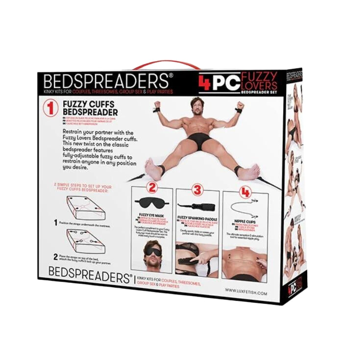 Make all of your fuzzy fantasies come true with a 4-piece set that includes bondage essentials with a touch of fur for sensuality. This all-in-one kit includes bedspreader that effortlessly transforms any bed into your own convenient restraint play area. Also includes fuzzy eye mask, fizzy paddle, adjustable nipple clamps and storage bag.