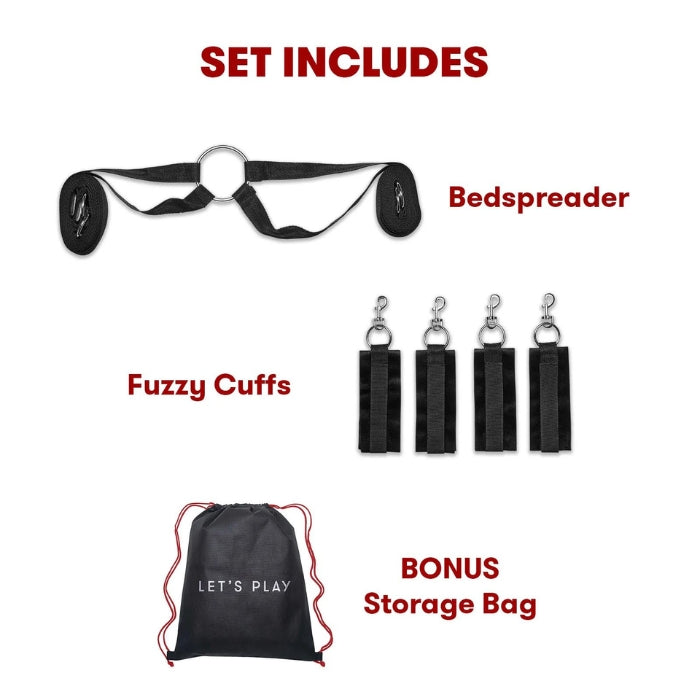 Set Includes: Bedspreader, 4x fuzzy cuffs and a storage bag.