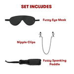 Set also includes: Fuzzy eye mask/blindfold, adjustable nipple clamps and fuzzy spanking paddle.