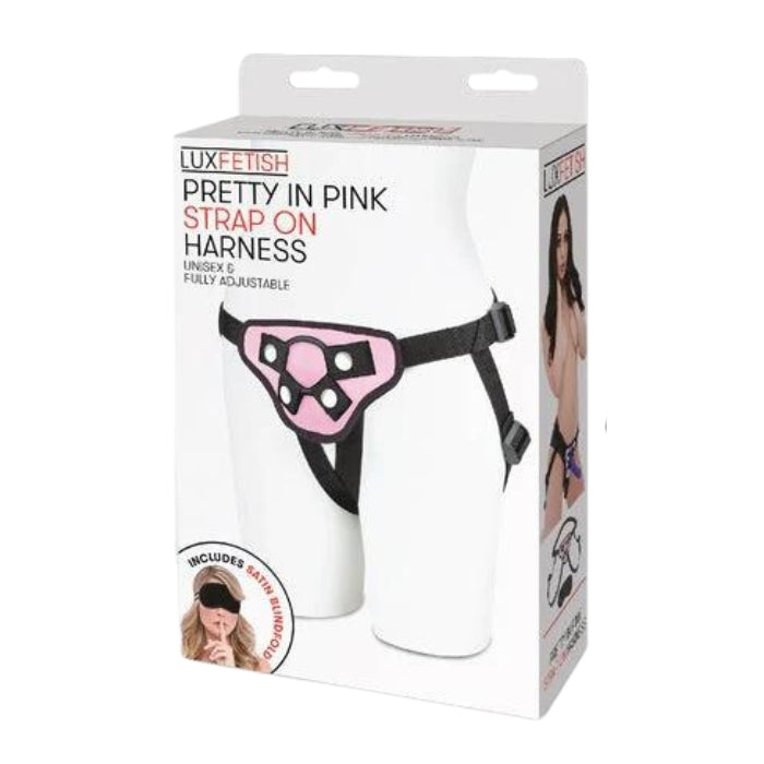 Satisfy your desires with this very pretty and easy to wear harness that’s perfect for first timers! Attach any toy with a flared base to this harness and enjoy penetration in numerous positions. The set includes 2 rubber O rings in different sizes to accommodate an array of options. The four-way adjustable neoprene straps can accommodate hips up to 165cm. Includes a black satin blindfold.