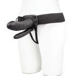 The dildo's hollow design makes it possible for anyone to wear as the space allows for a penis to fit inside and the dildo is sturdy enough for penetration all on it’s own. Additionally, it offers seven settings of vibration and can be used for penetration in all kinds of positions, including backdoor play. The harness features an adjustable waistband that is suitable for most users. Requires 2 x AAA batteries (not included).
