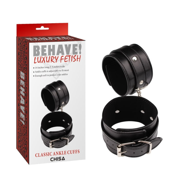 Luxury Fetish Behave Ankle Cuffs, crafted with utmost care and quality, these ankle cuffs offer a luxurious experience that blends comfort and restraint seamlessly. The cuffs have soft padding for comfort during wear and are adjustable to fit most. The measure 14inches long and 2.5inches wide.