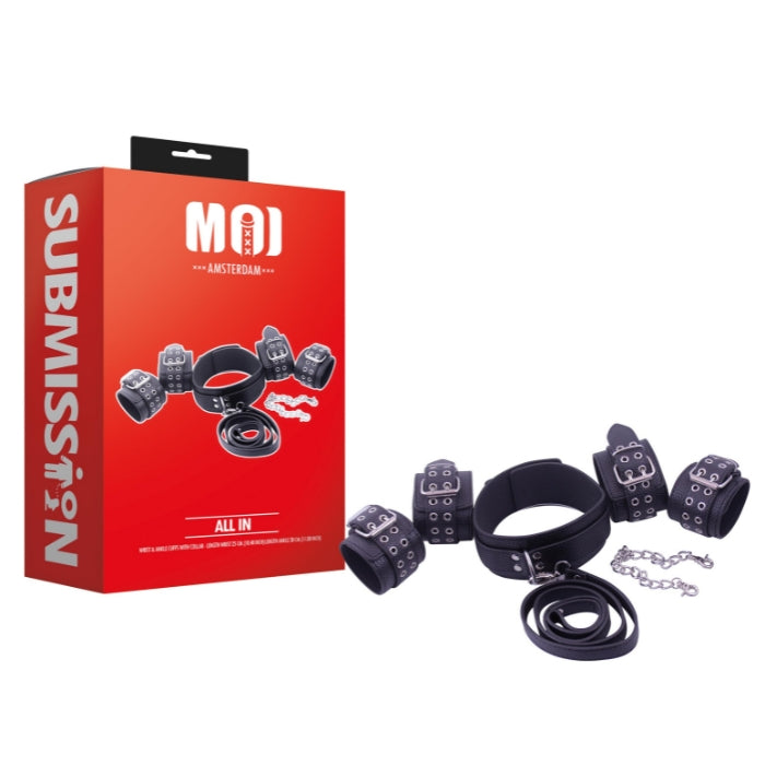MOI lets you take control with this stylishly designed set of restraints. The set has a collar with a detachable leash, a set of hand cuffs and a set of ankle cuffs. This versatile set of restraints also comes with a detachable chain for you to link up as required. Let your dominant or submissive side come out to play, fulfilling your wildest fantasies.