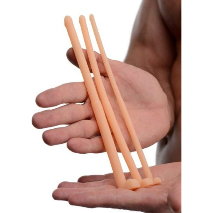 Flexible silicone. Measurements: All are 20.32cm in length. Small diameter increases from 0.5 to 0.58cm. Medium diameter increases from 0.58 to 0.76cm. Large diameter increases from 0.88 to 0.99cm.