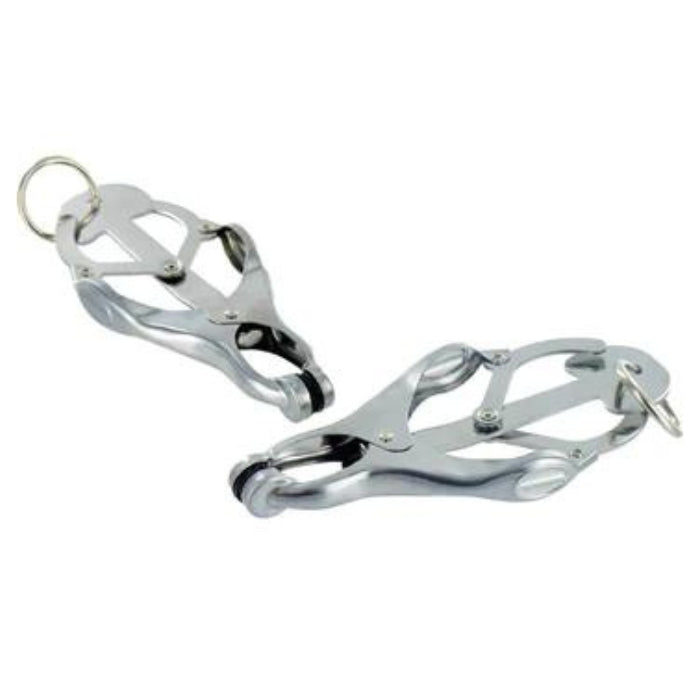 These unscrupulous chrome clover style clamps are ideal for solo play or with your thrill seeking partner. Simply pull the O ring and the clamps pressure becomes more intense. The O ring can be weighted, laced, and more. The clamps measure 7.5cm long and the chain give you 30cm to play with.