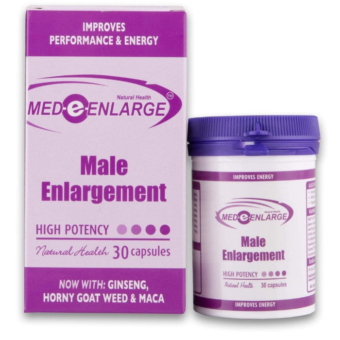 MED-E-ENLARGE Capsules, a solution crafted to enhance male vitality and pleasure. This bottle contains 30 stimulating capsules designed to support men's well-being and desires.