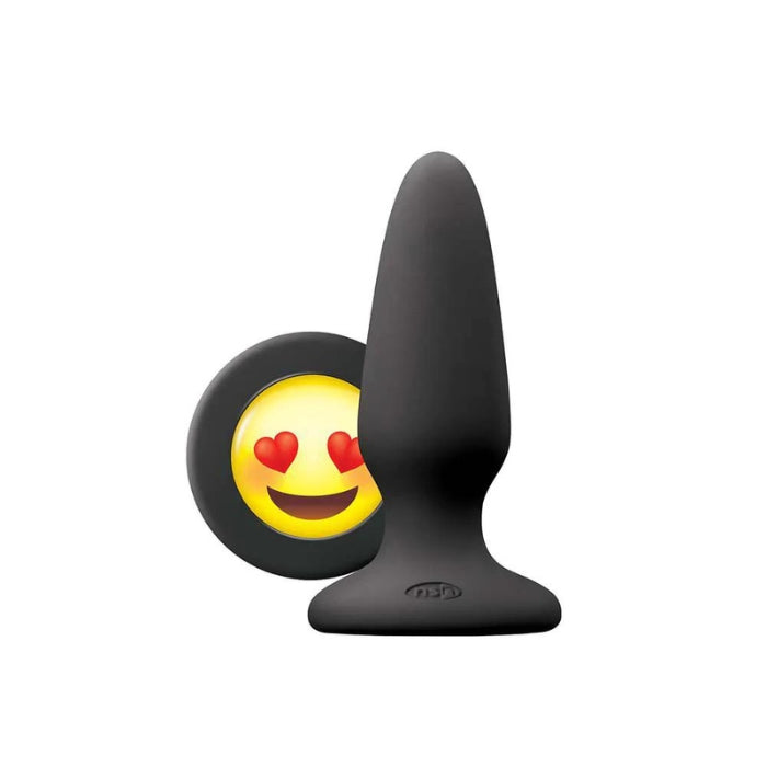 Express yourself with Moji’s slim-tapered medium anal plug made of silky-smooth, body-safe silicone. This plug has the ILY (I Love You) emoji face on the base with a yellow face, happy mouth and read heart eyes.