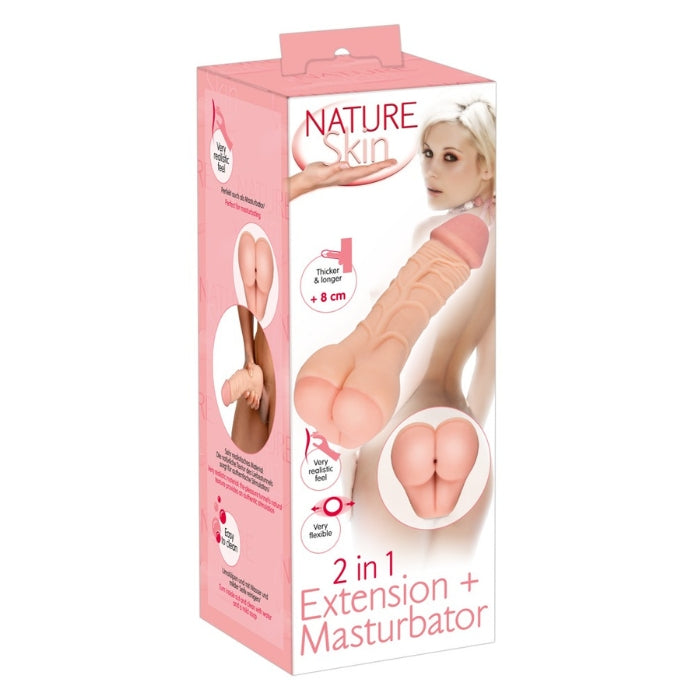 Penis extension and masturbator in one! This realistic replica of a penis works as a handy sleeve for mind-blowing handjobs or as a penis extension that makes him longer and thicker. Complete length 21 cm, insertion depth 13 cm, outer Ø 4.2-5 cm, inner Ø 1 cm.