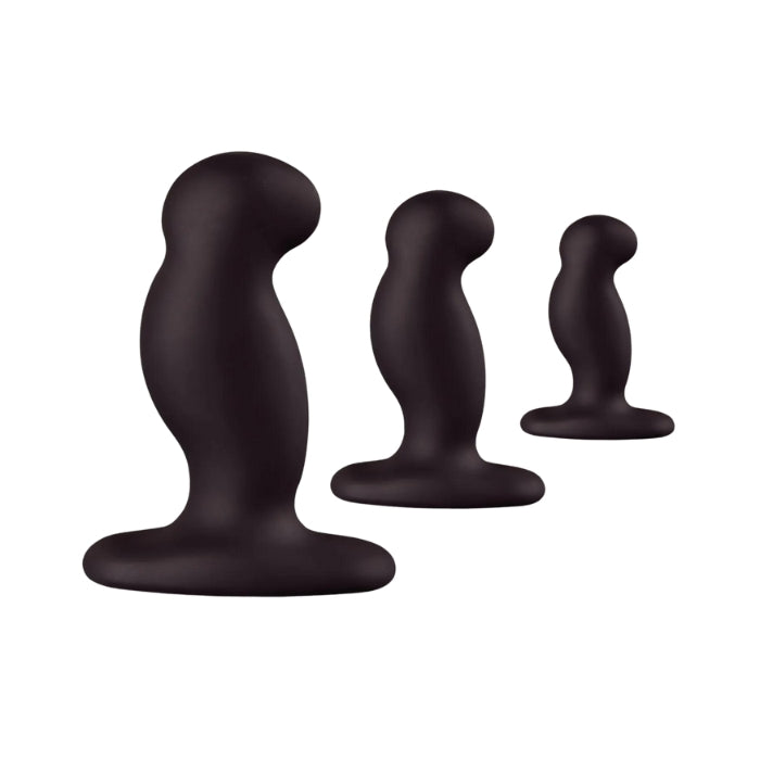 The Nexus Anal Starter kit comprises of 3 solid silicone butt plugs of different sizes, designed for the user to start small and work their way up. Each is made from silky smooth silicone and anatomically shaped to fit comfortably for ultimate pleasure. Small Shaft length: 6cm, Shaft circumference: 6.5cm Medium Shaft length: 7.3cm, Shaft circumference: 8.8cm Large Shaft length: 8cm, Shaft circumference: 10.3cm