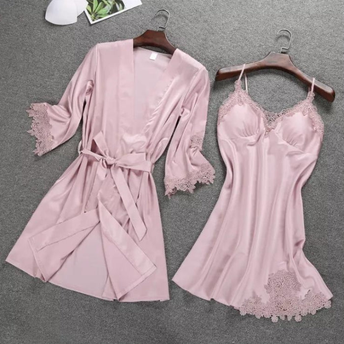 A pure indulgence, this beautiful lace trimmed robe and matching nightdress set will bring you an all-day comfort wherever you are..