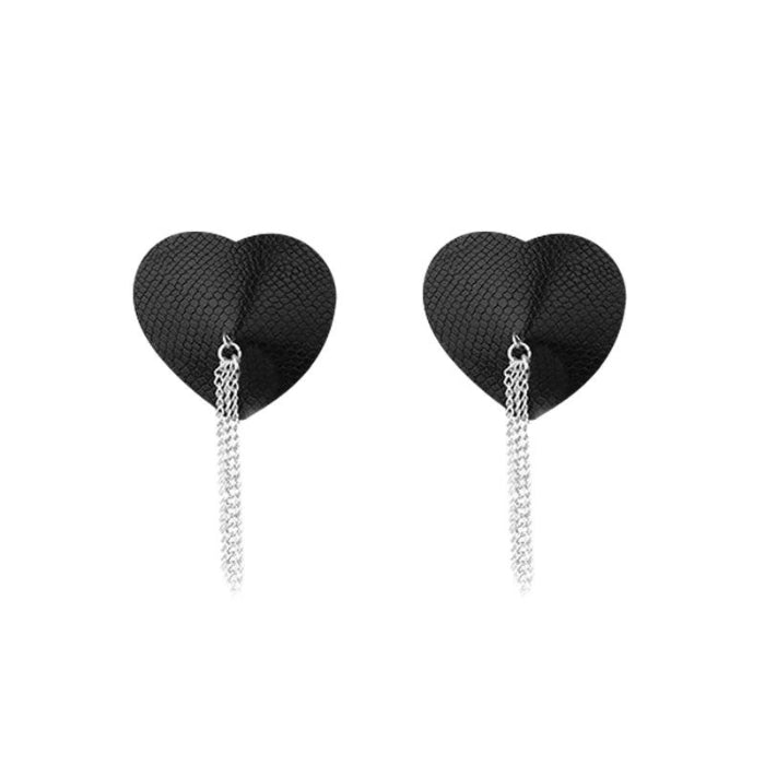 Nipplicious Dominatrix Leather Collar and Heart shaped Pasties with Chains.  These sexy, erotic pasties not only bring out your individual erotic flare, but will drive your lover wild with intense passionate excitement!